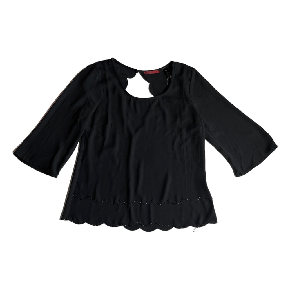 Buckle Red Women’s Small Top Blouse Quarter‎ Sleeve Scoopneck Scallop Hem